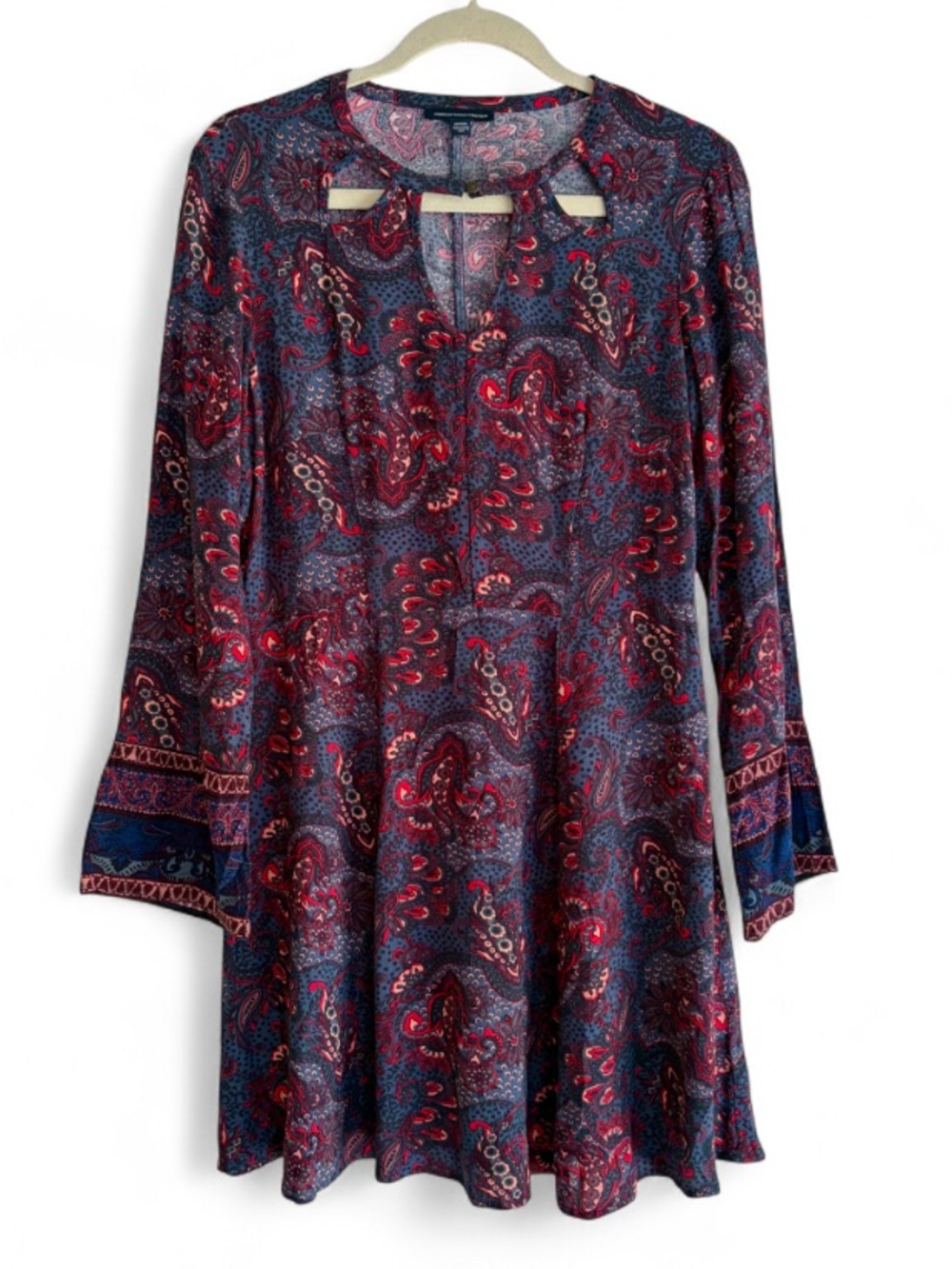 American Eagle Navy Blue Paisley Long Sleeve A Line Mini Dress Size M